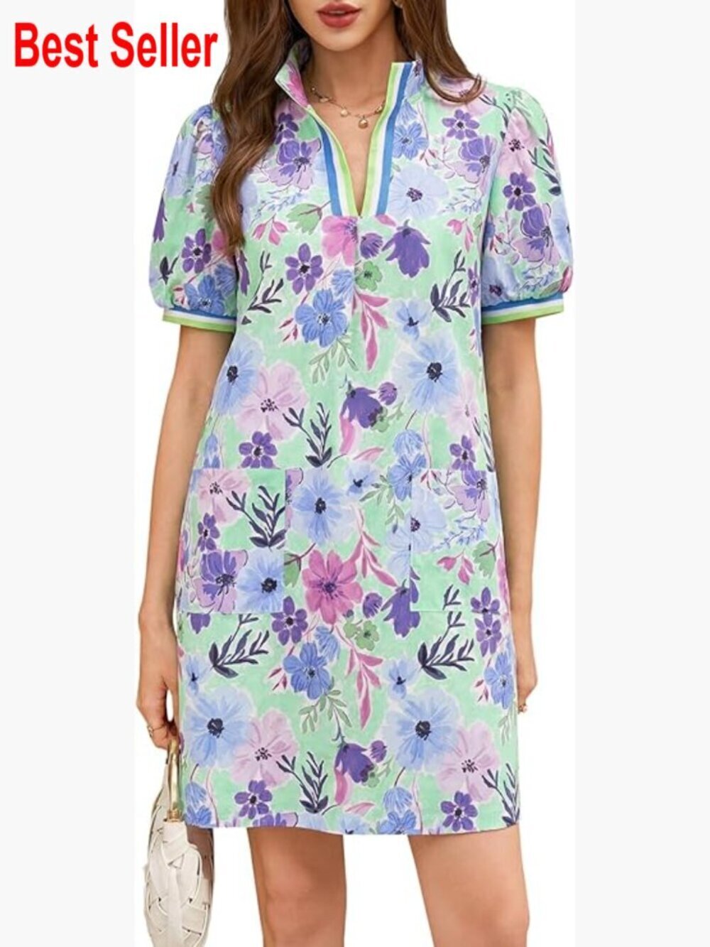 Summer Mini Dress Puff Sleeve Floral V Neck Loose Boho Beach A Line